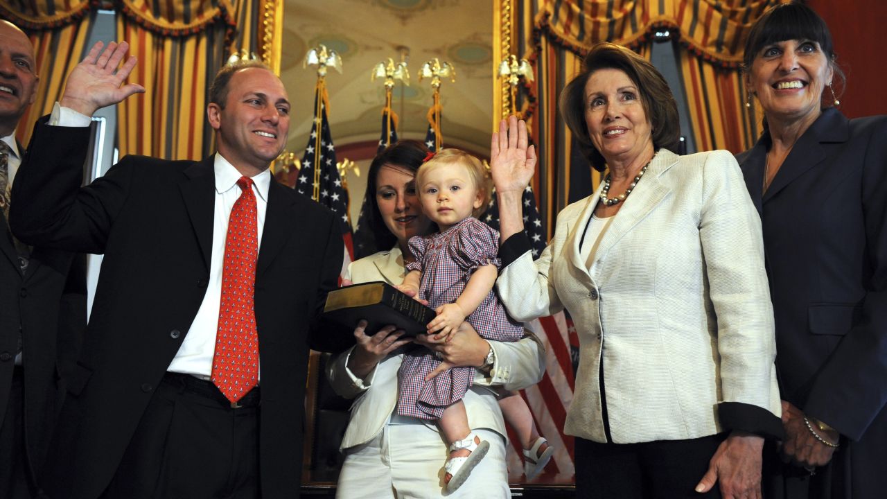 Scalise takes part in a mock swearing-in ceremony with House Speaker Nancy Pelosi in May 2008. Scalise had won a special election to replace Bobby Jindal, who resigned to run for governor. Joining Scalise at the ceremony were his wife, Jennifer; his daughter, Madison; his father, Al; and his stepmother, Maggie.