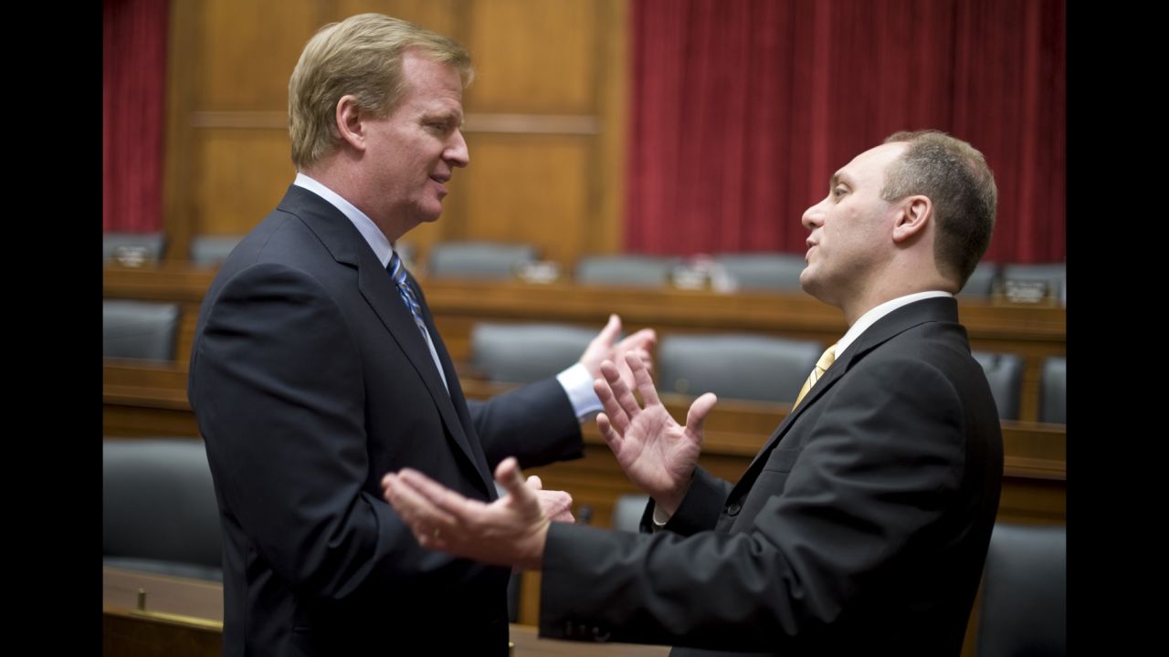 Scalise talks with NFL Commissioner Roger Goodell before the start of a subcommittee hearing in November 2009. Goodell was among those speaking about anti-doping measures in sports.