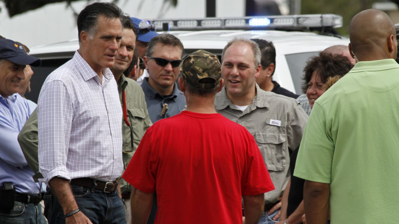 Republican presidential nominee Mitt Romney joins Scalise as he tours areas in Louisiana that were damaged by Hurricane Isaac in August 2012.
