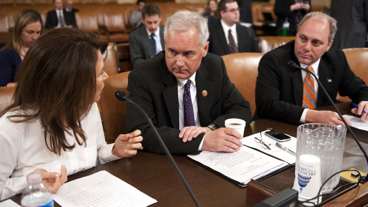 From left, US Reps. Michele Bachmann, Tom McClintock and Scalise talk before an Oversight Subcommittee hearing in April 2013. The hearing focused on the government's ability to prioritize its obligations and continue operations should the US Treasury reach its statutory debt limit.