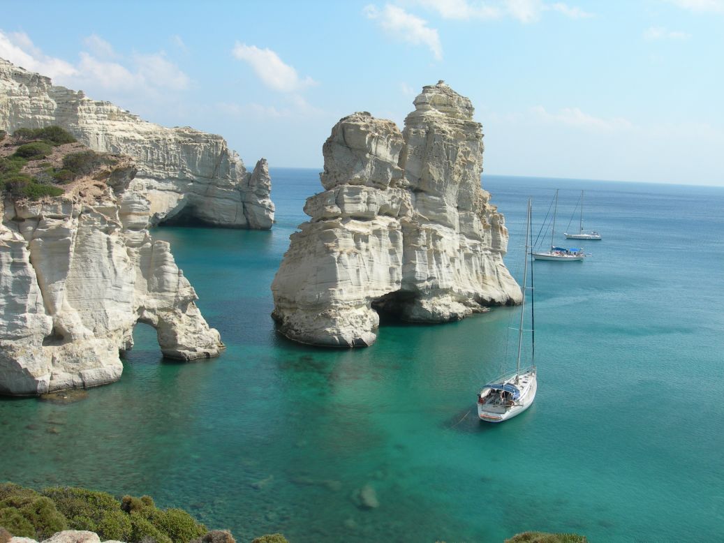 <strong>Kleftiko: </strong>Only reachable by boat, this is one of the most popular day trips from Adamantas port. The white towers conceal natural gaps and hidden caves for swimming and exploring.   