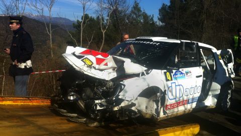The wrecked car of Robert Kubica following his rally crash.