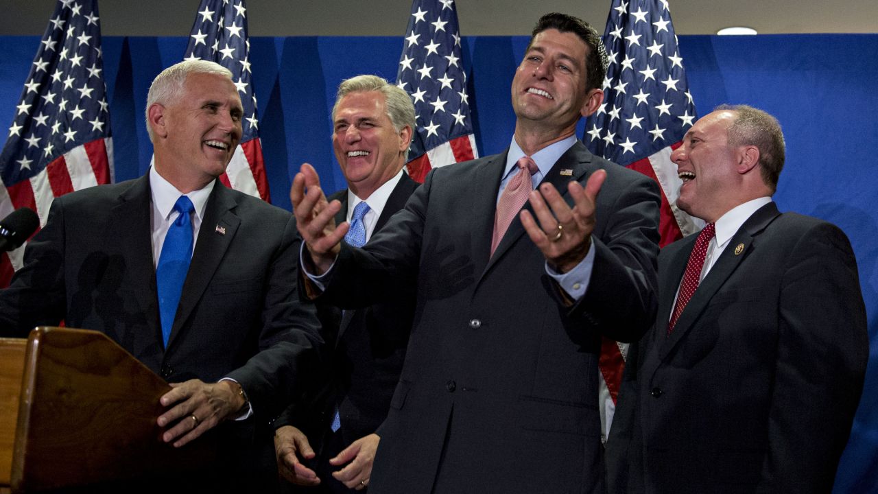 Scalise, right, laughs during a September news conference at the headquarters of the Republican National Committee. From left are vice presidential nominee Mike Pence, House Majority Leader Kevin McCarthy and House Speaker Paul Ryan.