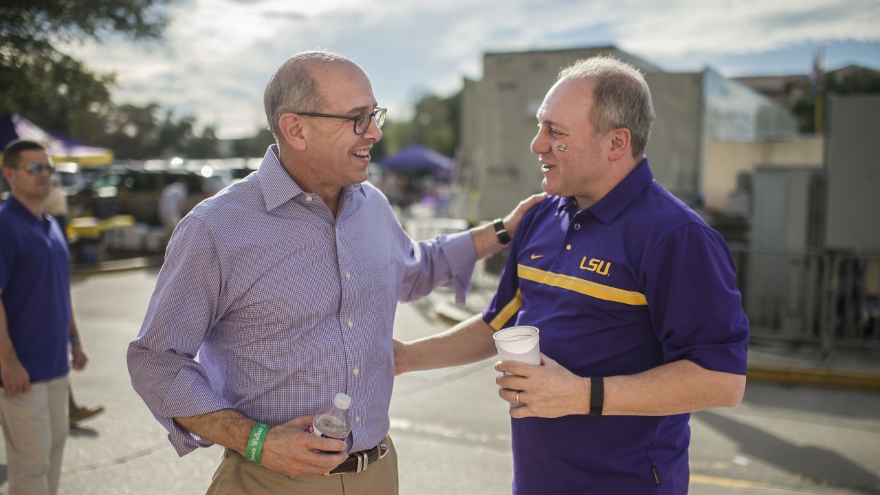 Scalise talks with US Rep. Charles Boustany before a Louisiana State football game in November. Scalise is an LSU alumnus.