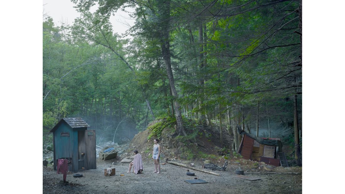 Crewdson is known to employ a regular lighting cameraman and dozens of film technicians, as well as props and movie-making tools like rain and fog machines to enhance a desired atmosphere.