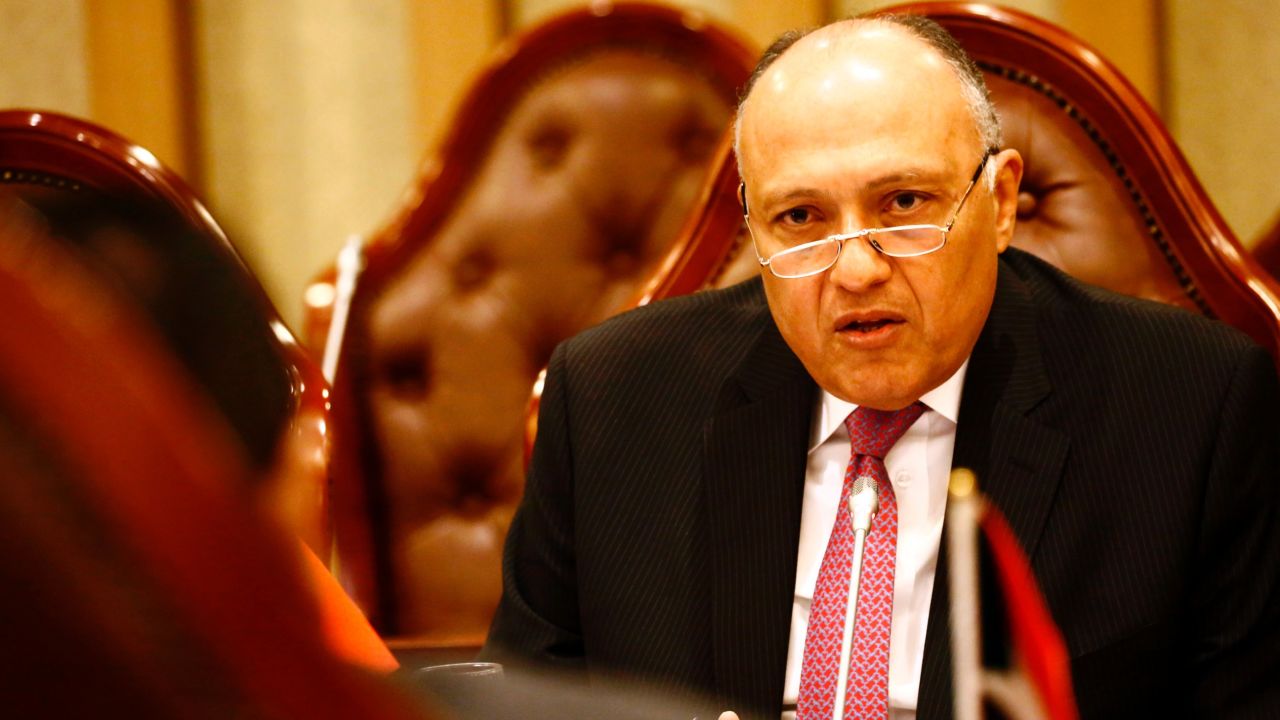 Egyptian Foreign Minister Sameh Shoukry  speaks during a meeting with his Sudanese counterpart in the Sudanese capital Khartoum on April 20, 2017. / AFP PHOTO / ASHRAF SHAZLY        (Photo credit should read ASHRAF SHAZLY/AFP/Getty Images)