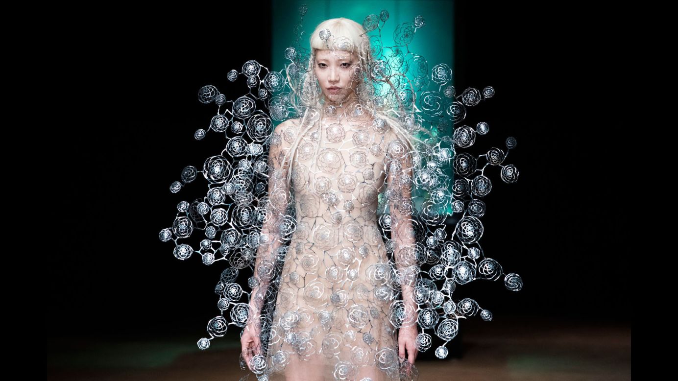 A model wears a creation for Dutch fashion designer Iris van Herpen during a presentation in Paris on Monday, July 3.