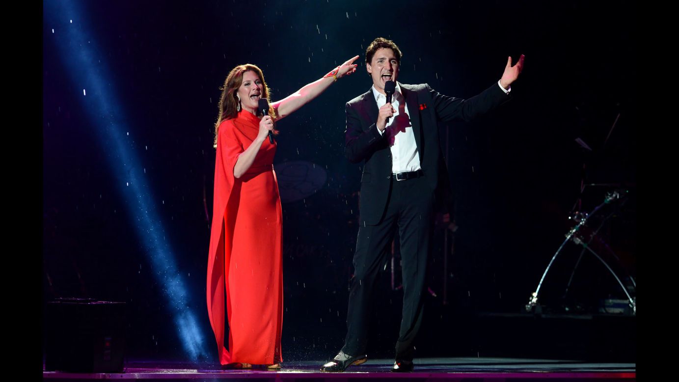 Canadian Prime Minister Justin Trudeau and his wife, Sophie, appear on stage during a Canada Day ceremony in Ottawa on Saturday, July 1. Canada was celebrating its 150th birthday.