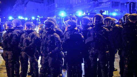 Police in helmets gather as protests swell in Hamburg, July 6, 2017.