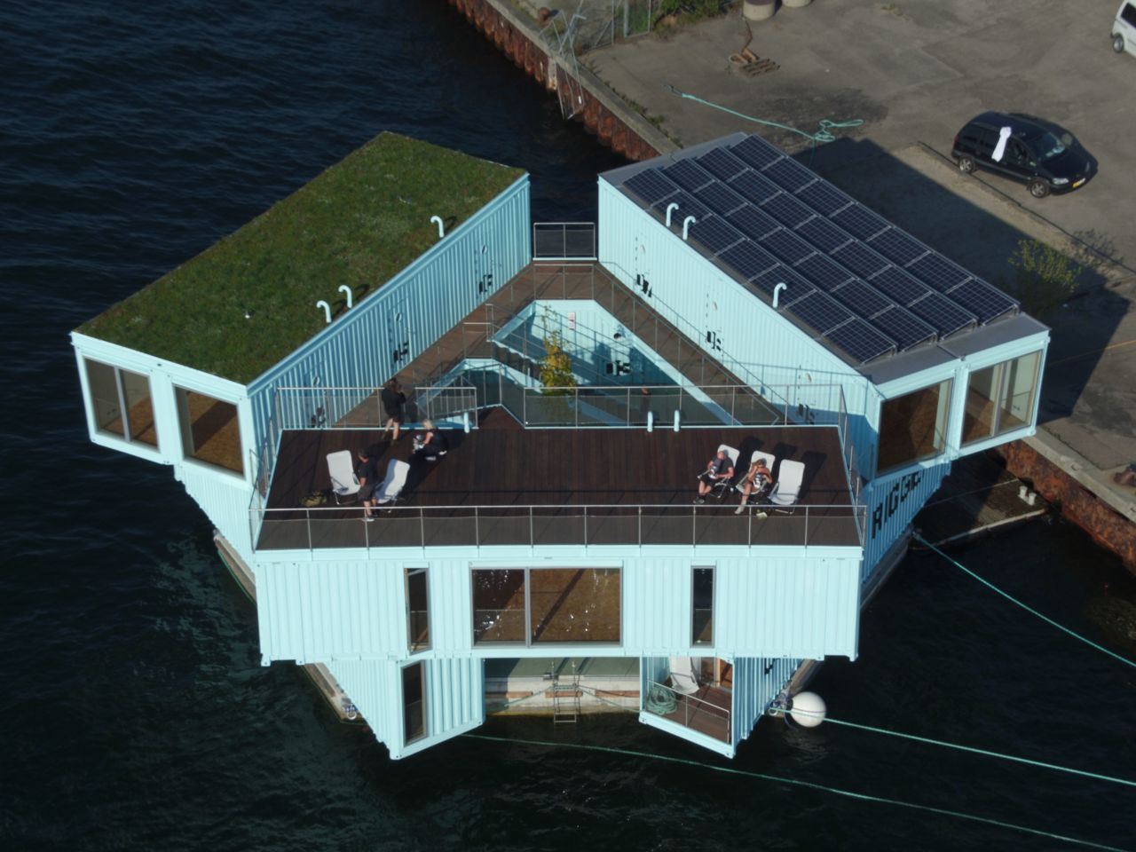 Conceived as a solution to rising housing prices in major cities, BIG's Urban Rigger is built with re-purposed shipping containers. It is the first floating, carbon neutral housing made from shipping containers.