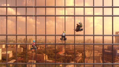 This spectacular image depicts window cleaners scrubbing Moscow's Mercury Tower.