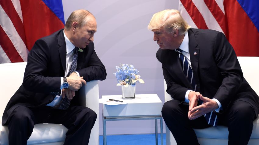 US President Donald Trump and Russia's President Vladimir Putin hold a meeting on the sidelines of the G20 Summit in Hamburg, Germany, on July 7, 2017. (SAUL LOEB/AFP/Getty Images)