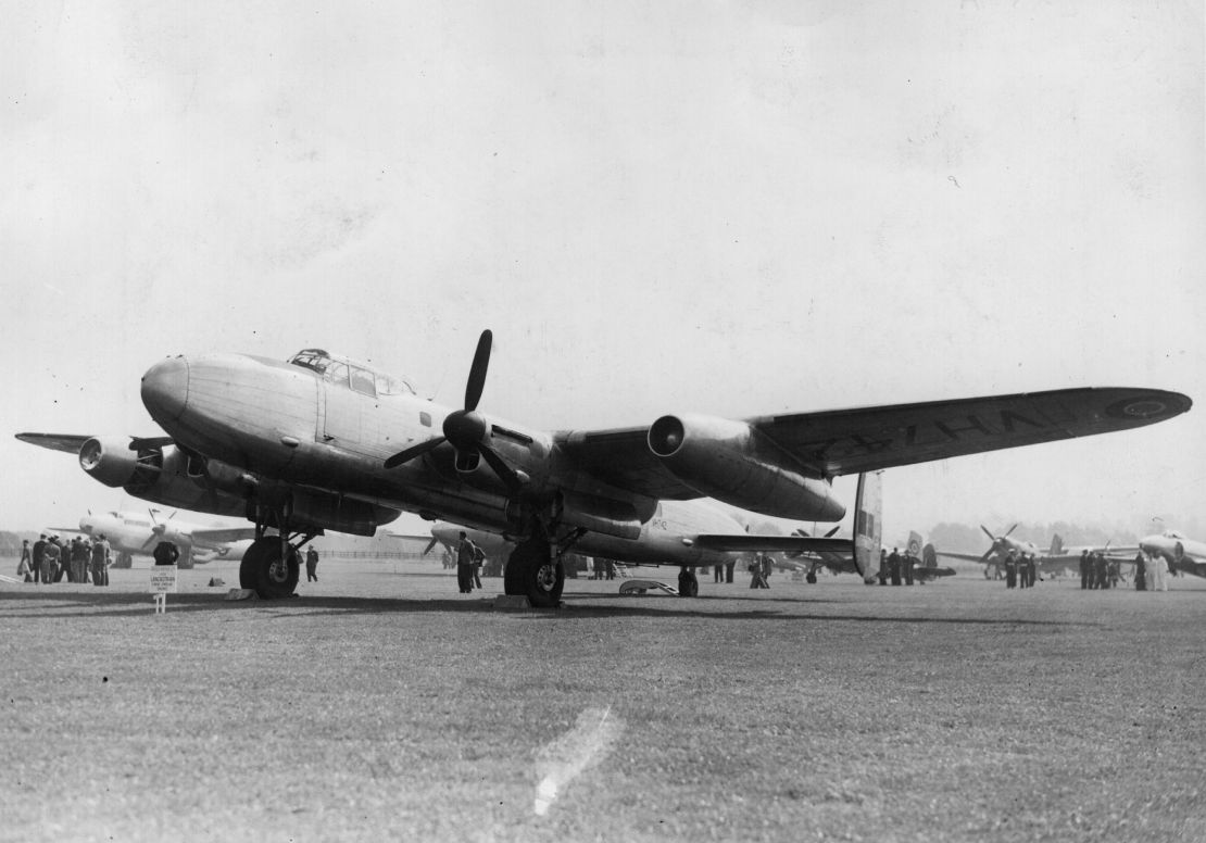 A Lancastrian aircraft on display at a trade show at Handley Page Airfield in Radlett, England, on July 12, 1946.