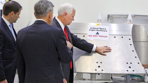Vice President Mike Pence, right, gets a tour of the Orion clean room with Sen. Marco Rubio, left, by Bob Cabana, Director Kennedy Space Center, center,  Thursday, July 6, 2017.  (Red Huber/Orlando Sentinel/TNS via Getty Images)