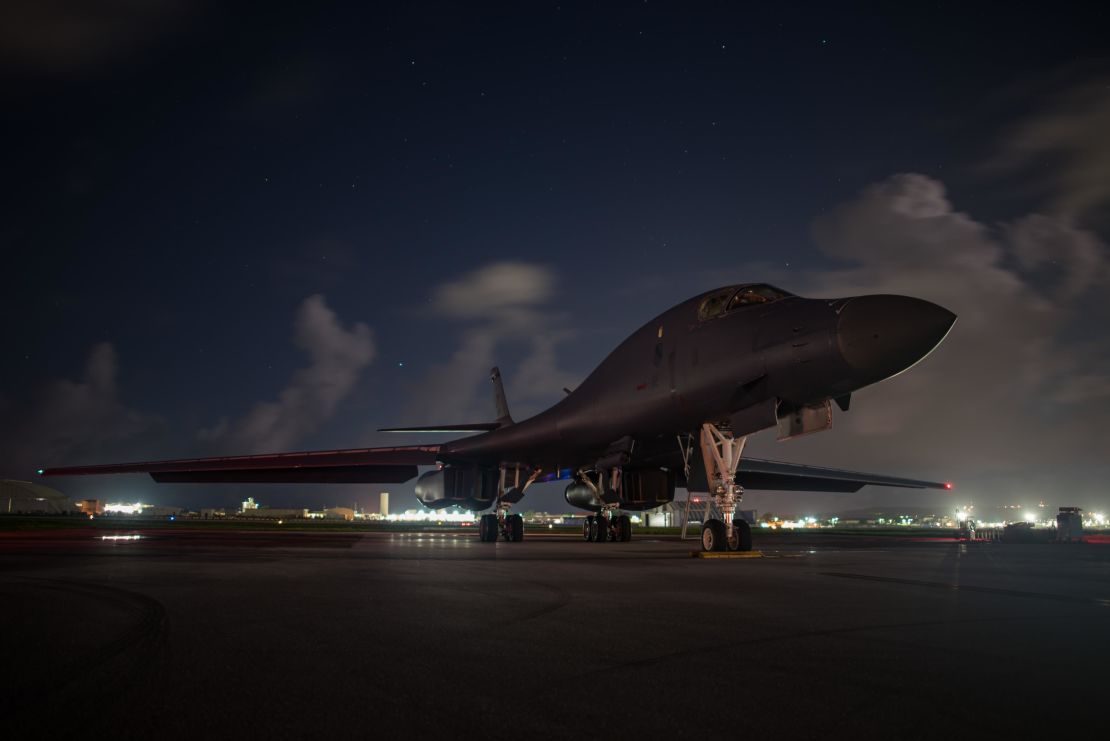 A US Air Force B-1B Lancer bombers sits at Andersen Air Force Base in Guam before conducting a mission over South Korea.