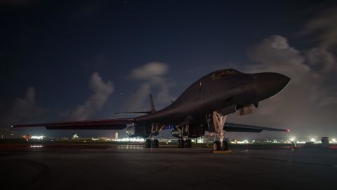 A US Air Force B-1B Lancer bombers sits at Andersen Air Force Base in Guam before conducting a mission over South Korea.