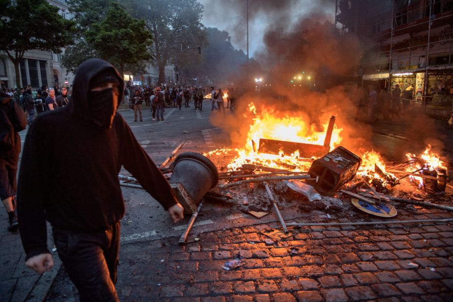 A fire rages during demonstrations against the G20 summit July 7 in Hamburg.