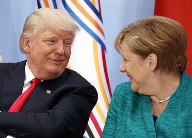 Trump shares a laugh with German Chancellor Angela Merkel during a women's entrepreneurship finance event July 8 at the G20.