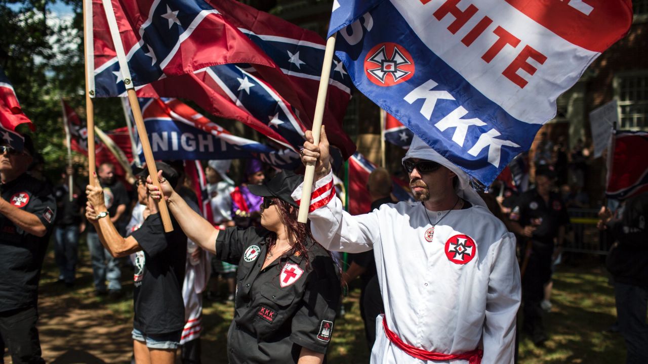 CHARLOTTESVILLE, VA - JULY 08: The Ku Klux Klan protests on July 8, 2017 in Charlottesville, Virginia. The KKK is protesting the planned removal of a statue of General Robert E. Lee, and calling for the protection of Southern Confederate monuments. (Photo by Chet Strange/Getty Images)