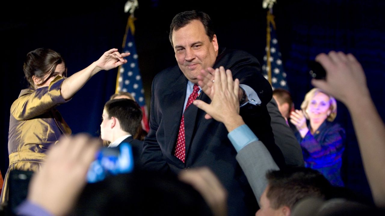 Christie greets supporters in Parsippany, New Jersey, after he defeated incumbent Gov. Jon Corzine in November 2009. He won by nearly four percentage points.