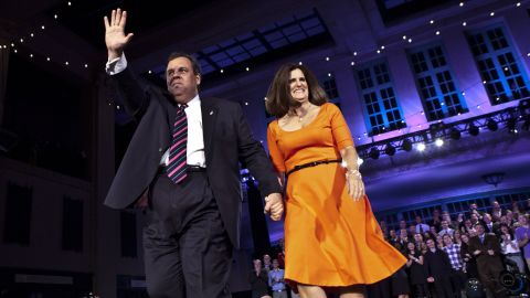 Christie waves to supporters after winning a second term as governor in November 2013. He defeated his Democratic opponent, Barbara Buono, by more than 20 percentage points.