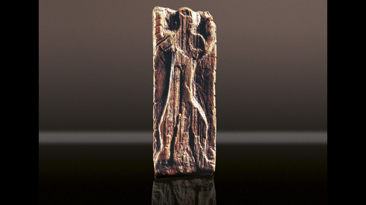 This anthropomorphic figure was found in the Geißenklösterle Cave along with mammoth and bear figurines. It is made from mammoth ivory and is 3.8 centimeters in length. 
