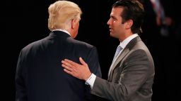 ST LOUIS, MO - OCTOBER 09:  Donald Trump, Jr. (R) greets his father Republican presidential nominee Donald Trump during the town hall debate at Washington University on October 9, 2016 in St Louis, Missouri. This is the second of three presidential debates scheduled prior to the November 8th election.  (Photo by Rick Wilking/Pool/Getty Images)