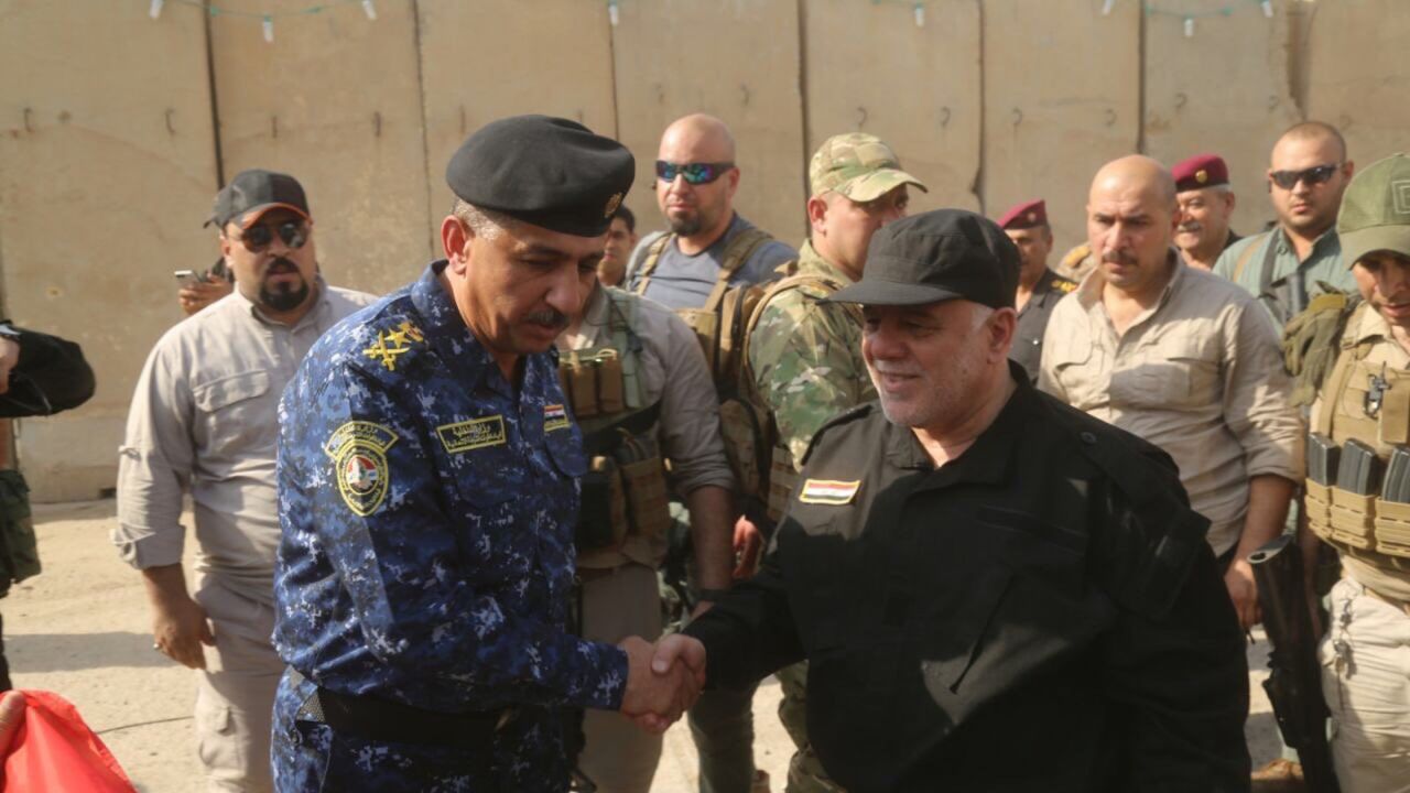 Iraqi Prime Minister Haidar al-Abadi visiting the governor of Mosul and walking through eastern Mosul streets and meeting residents.