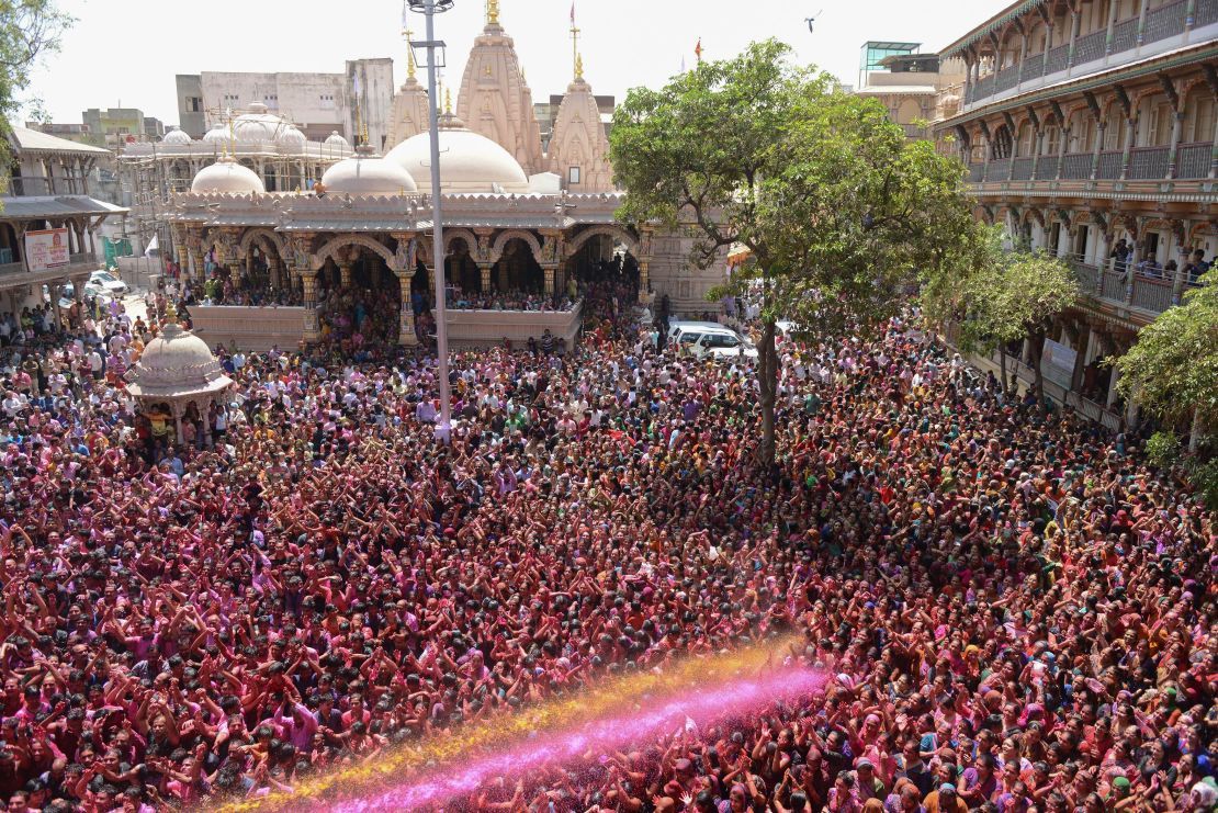 Indian Hindus celebrate Holi, the Festival of Colors, at the Swaminarayan Temple in Ahmedabad on March 13, 2017.