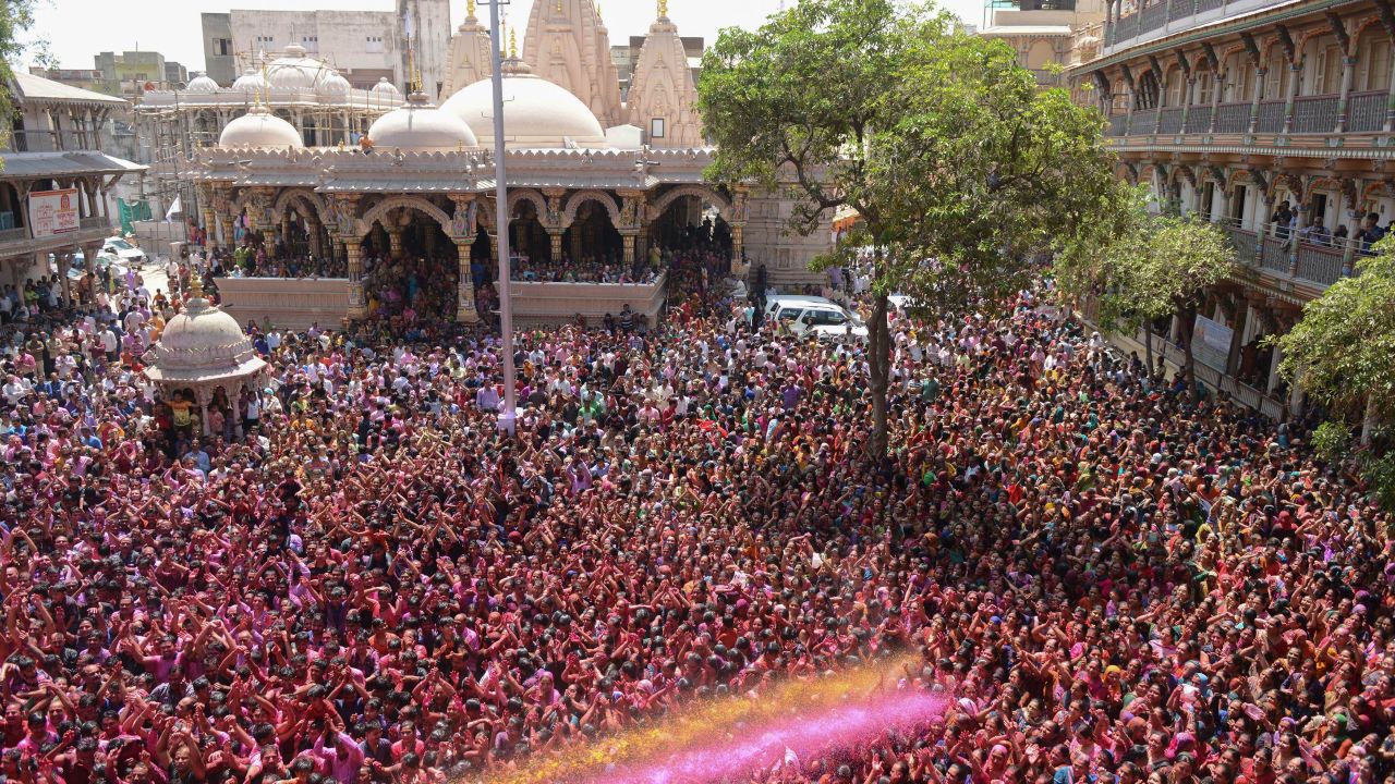 Indian Hindus celebrate Holi, the Festival of Colors, at the Swaminarayan Temple in Ahmedabad on March 13, 2017.