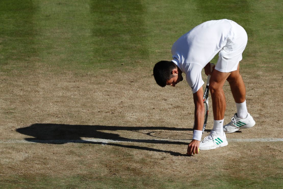 Novak Djokovic picks up a piece of loose turf from Centre Court during his third round match with Ernests Gulbis on Saturday. 
