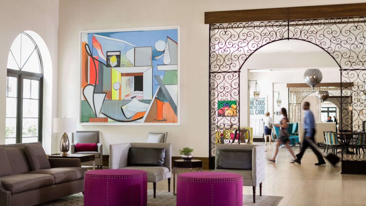 Modern art adorns the walls at the Alfond Inn, a satellite gallery of the Alfond Collection of Contemporary Art at the nearby college's Cornell Fine Arts Museum.  