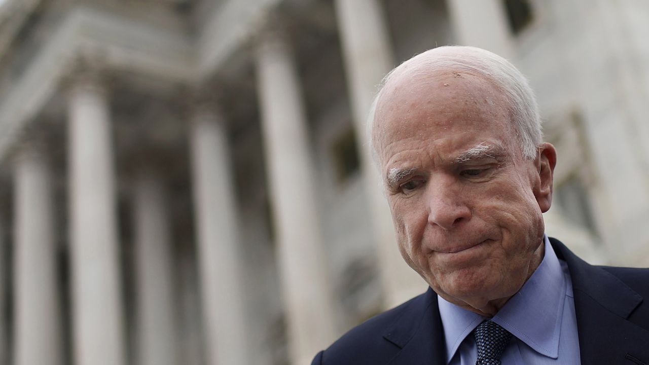 After answering questions from reporters, Sen. John McCain departs the U.S. Capitol for a briefing on North Korea at the White House April 26, 2017 in Washington, DC.