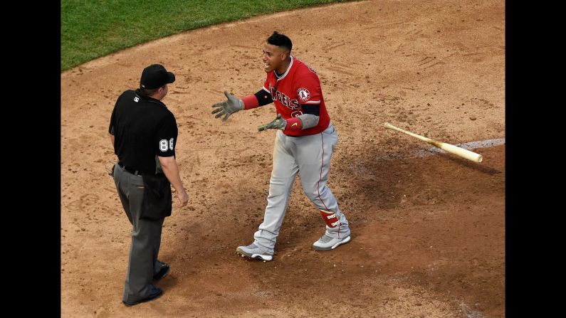 Yunel Escobar, a third baseman with the Los Angeles Angels, reacts after being ejected from a game in Minneapolis on Wednesday, July 5. Escobar was thrown out by umpire Doug Eddings after arguing a called third strike.