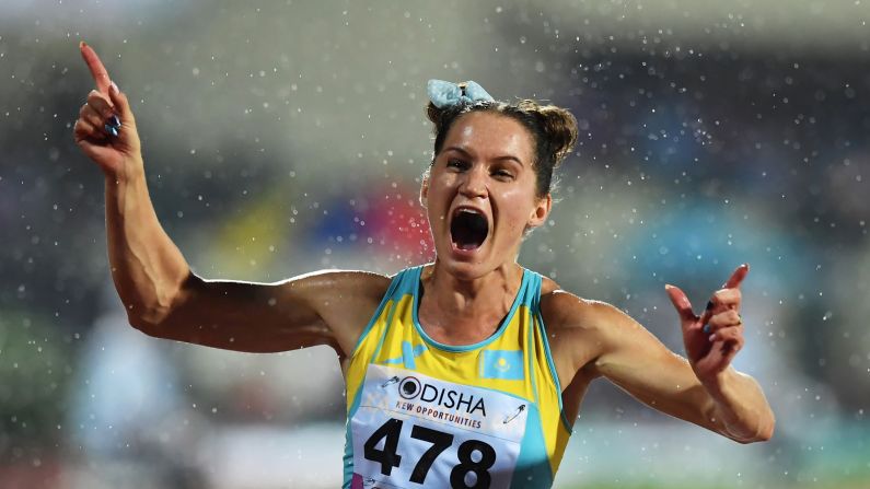 Kazakhstan's Viktoriya Zyabkin celebrates Friday, July 7, after winning the 100 meters at the Asian Athletics Championships.