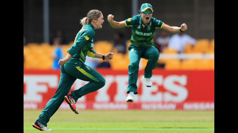 South African cricketer Dane van Niekerk, left, celebrates during a Women's World Cup victory over India on Saturday, July 8. The tournament is taking place in England through July 23.