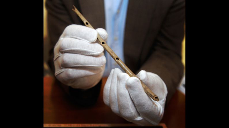 This nearly complete bone flute -- found in 12 pieces and since pieced together -- was found in the Hohle Fels Cave in the Ach Valley. It was discovered along with isolated fragments of three ivory flutes. 