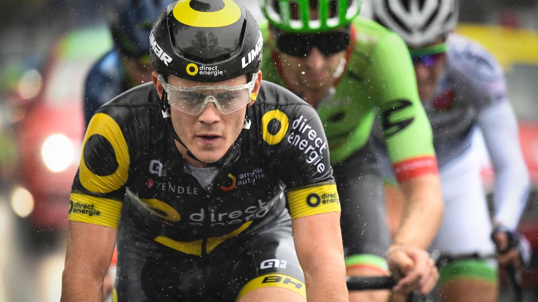France's Thomas Boudat rides in the rain in a breakaway during the second stage of the 104th edition of the Tour de France.