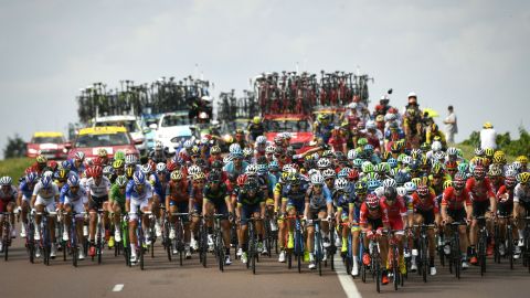 The peloton jostles during the 213.5 km seventh stage.
