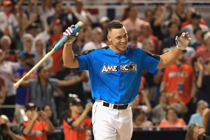 New York Yankees outfielder Aaron Judge celebrates after winning Major League Baseball's Home Run Derby, which took place Monday, July 10, in Miami. The rookie phenom, who leads the majors in home runs this season, defeated Miguel Sano in the final.