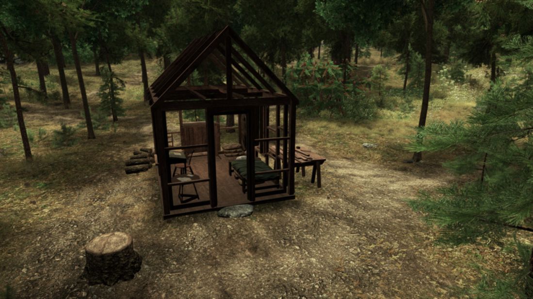 At the start of the game, the cabin is just a skeleton frame, allowing for views of trees and the occasional scurrying or flying animal. 