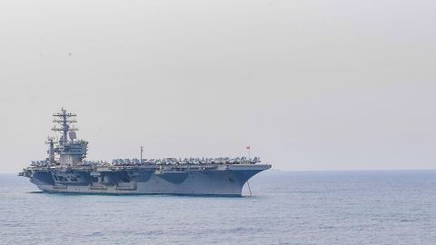 The aircraft carrier USS Nimitz (CVN 68) anchors off the coast of India in preparation for Malabar 2017.