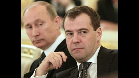 Putin and Medvedev attend a session of the State Council in Moscow in December 2011. A few months later, Putin was re-elected president and Medvedev became his prime minister.