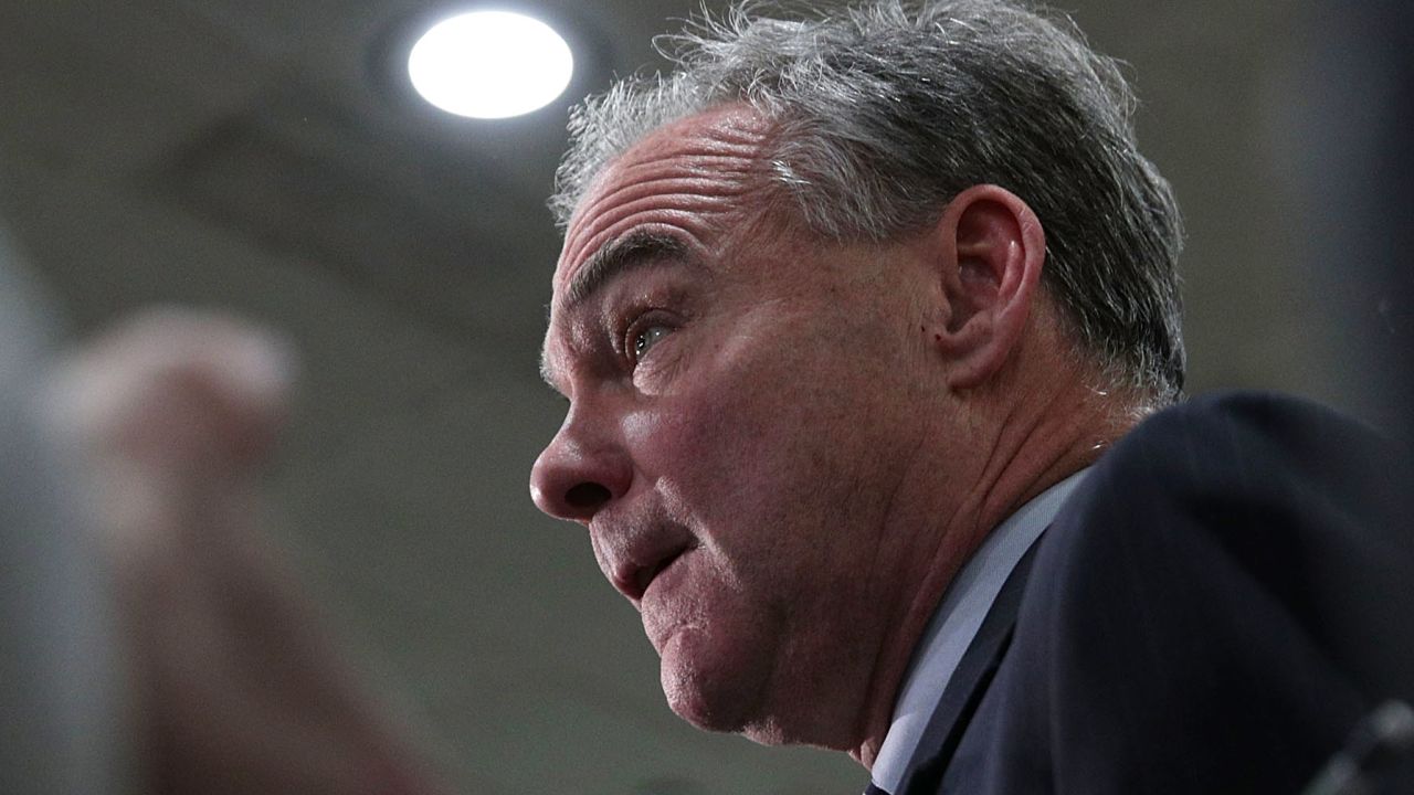 Sen. Tim Kaine (D-VA) talks to members of the media as he leaves after a closed briefing on the airstrikes against Syria by Chairman of the Joint Chiefs Gen. Joe Dunford April 7, 2017 at the Capitol in Washington, DC.