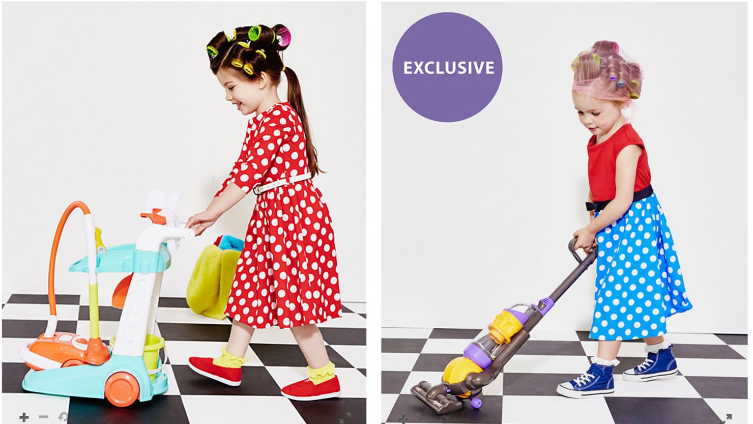 The images included girls in hair rollers pushing a cleaning trolley and vacuum.