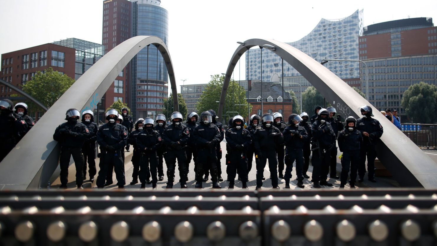 Policemen secure the area around the Elbphilharmonie concert hall on July 7.