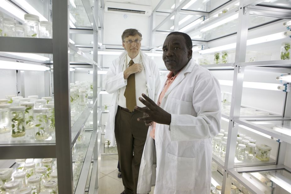 Plant virologist Dr. Joseph Ndunguru with Bill Gates at the Mikocheni Agricultural Research Institute in Tanzania. <br /><br />Ndunguru is a leading figure of the Cassava Diagnostics Project (CDP), which is supported by the Bill and Melinda Gates Foundation, which works with farmers in East Africa to identify and control cassava disease. 