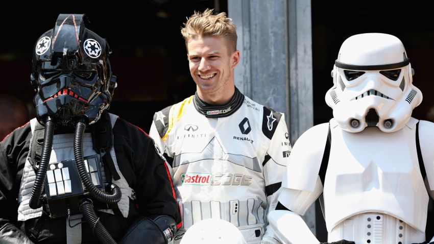 MONTE-CARLO, MONACO - MAY 28: Nico Hulkenberg of Germany and Renault Sport F1 with Star Wars characters during the Monaco Formula One Grand Prix at Circuit de Monaco on May 28, 2017 in Monte-Carlo, Monaco.  (Photo by Mark Thompson/Getty Images)