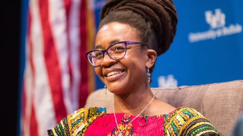 Nnedi Okorafor, an award-winning science fiction author and University of Buffalo faculty member, speaks during the keynote lecture segment of the Signature Series in Black Box Theatre at Center for the Arts