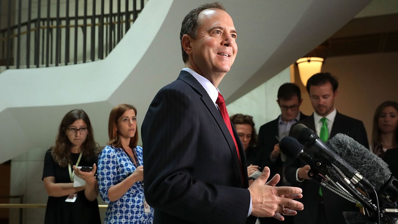 House Intelligence Committee ranking member Rep. Adam Schiff speaks to reporters about the recent disclosure of a meeting between Donald Trump, Jr. and a Russian lawyer during the presidential campaign in the Capitol Visitors Center July 11, 2017 in Washington, DC. Schiff said it was troubling that the Trump campaign did not tell the FBI that a Kremlin-connected Russian lawyer reached out to them with an offer of information that would help their campaign against Hillary Clinton.